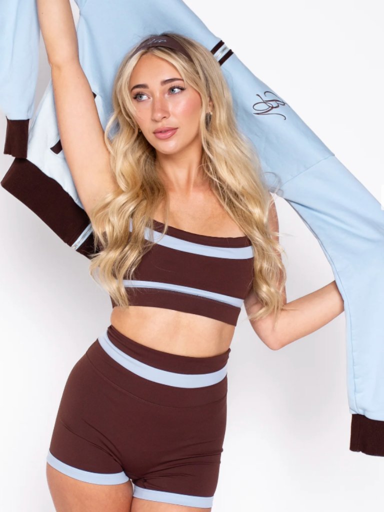 Bella Vie Brown And Light Blue Workout Set (Sports Bra, Shorts, Jacket) - Small
